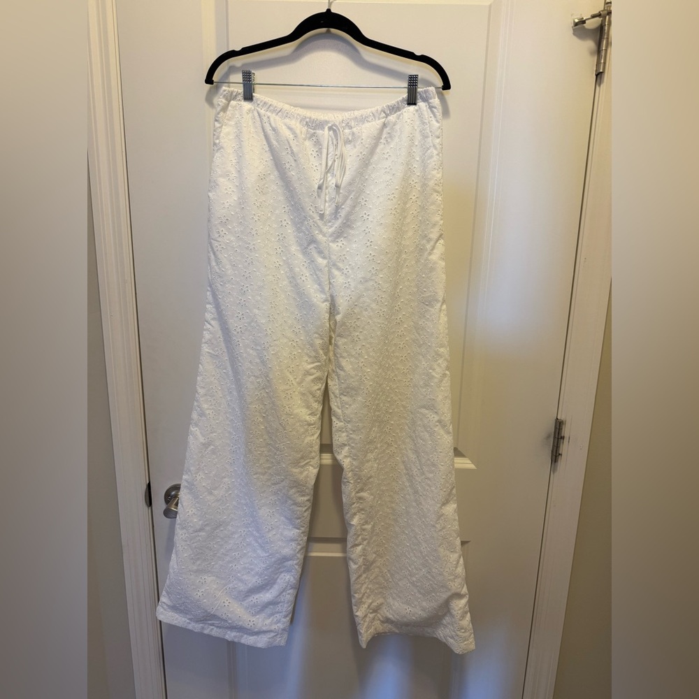 White Floral Eyelet Elastic Waist Pants